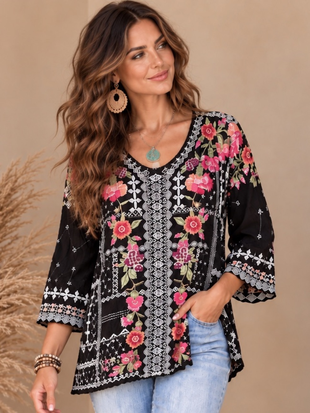 Johnny Was Floral Embroidered V-Neck Tunic Top - Black with Pink Flowers